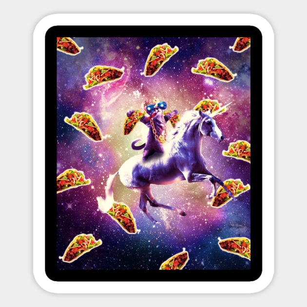 Thug Space Cat On Unicorn With Taco Sticker by Random Galaxy